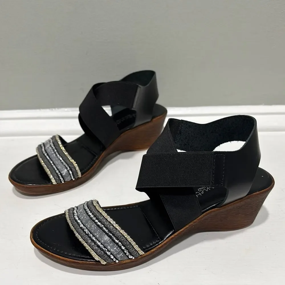 Beaded Wedge Black and Gray Silver Comfort Sandals-size 6.5